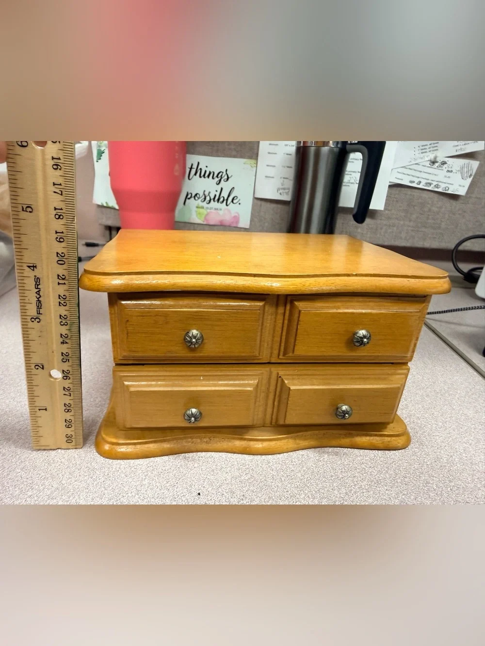 Vintage Wooden Jewelry Organizer Box with Yellow Velvet Lining